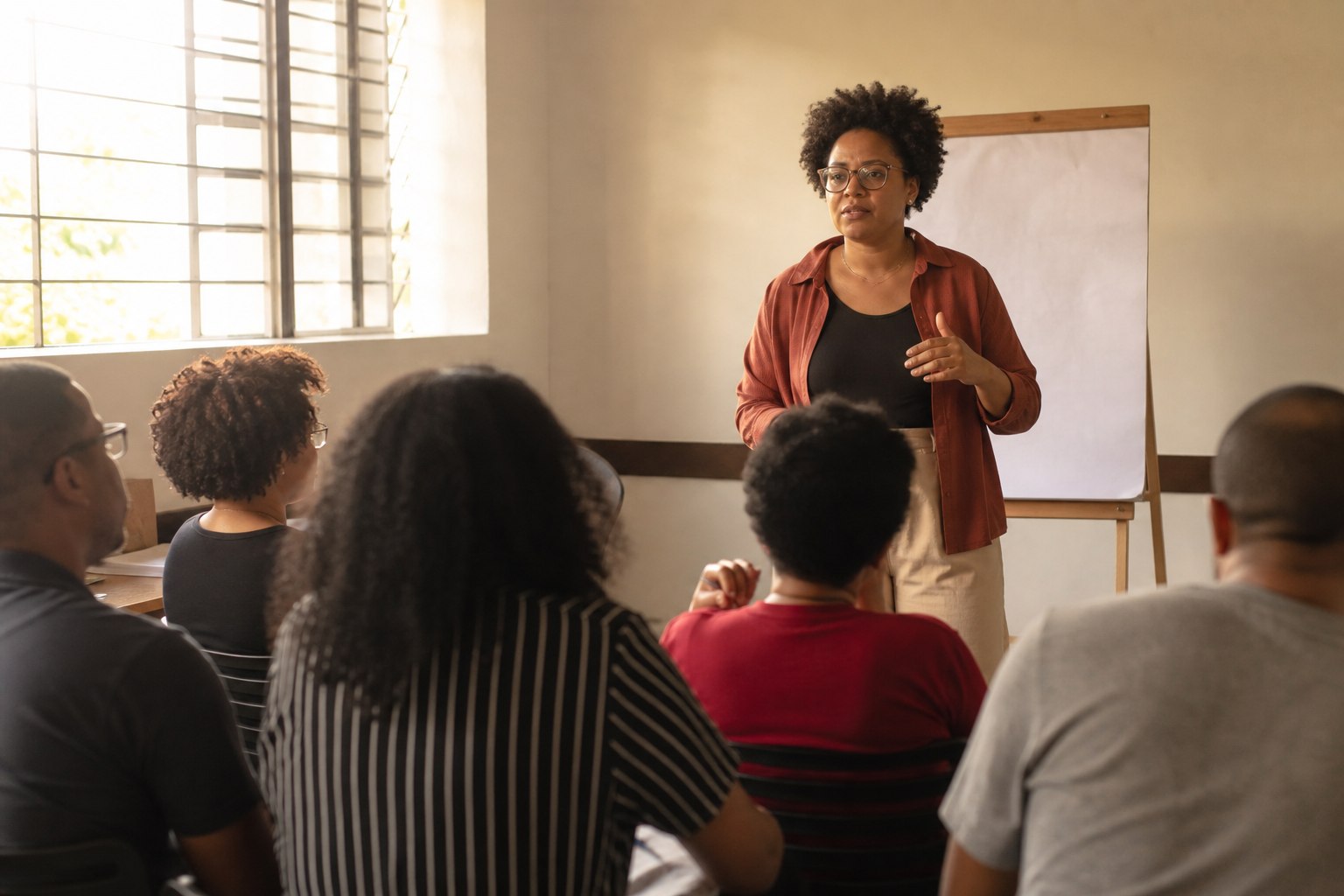 Formadora explicando conteúdo em sala para professores
