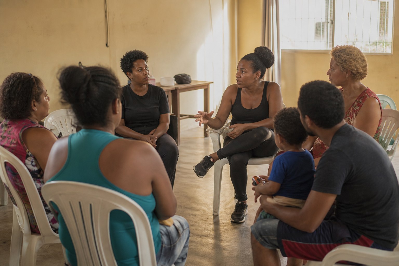 Grupo de pais e cuidadores sentados em círculo conversando