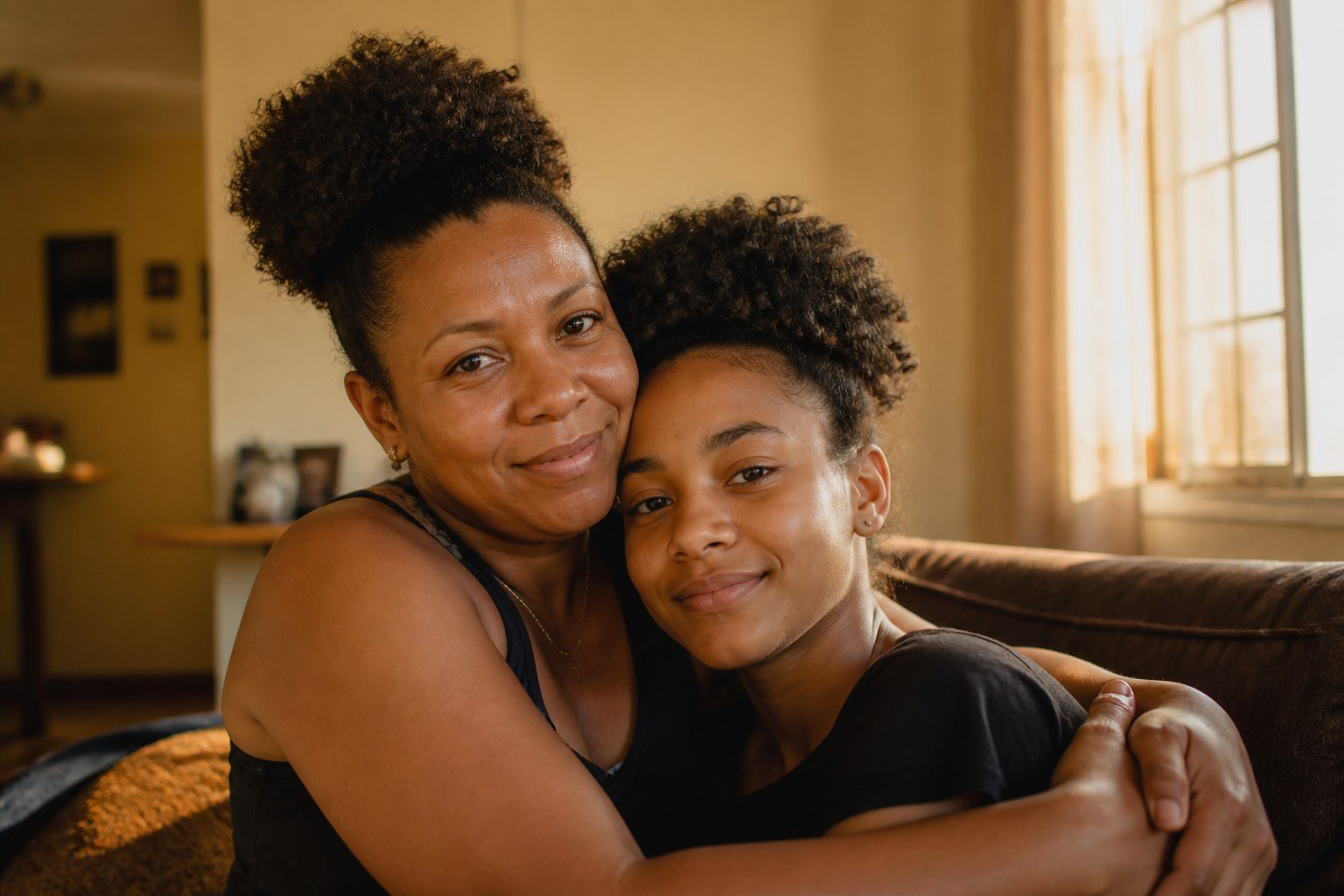 Mãe e filha conversando e sorrindo na cozinha de casa