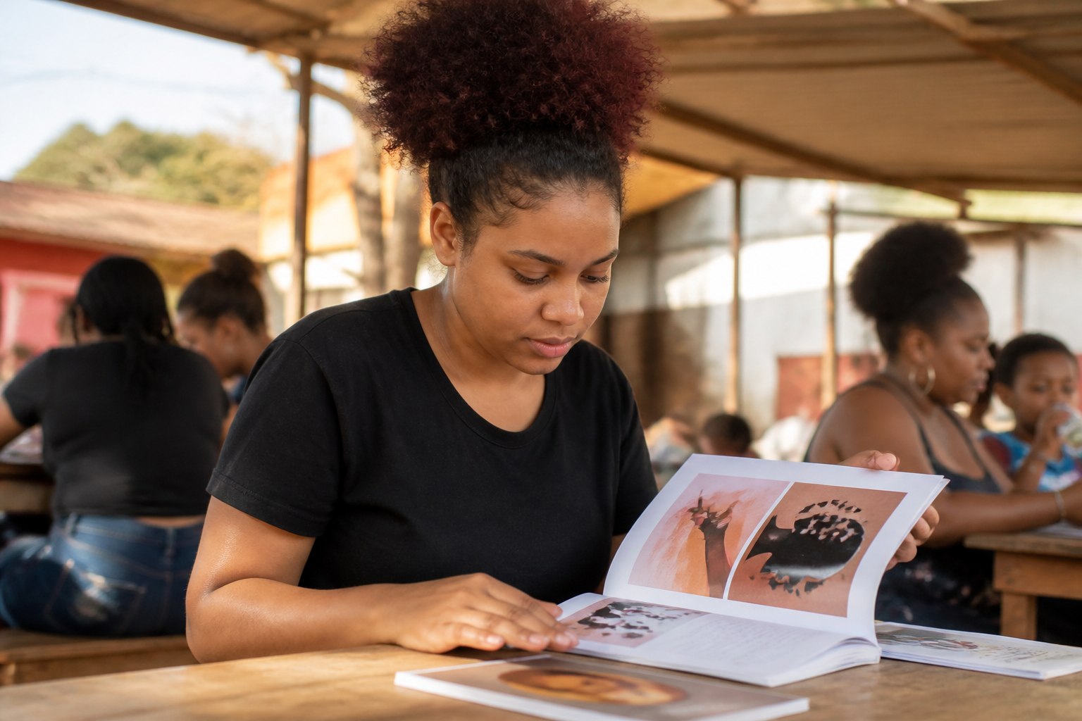Jovem lendo material educativo impresso sobre saúde mental